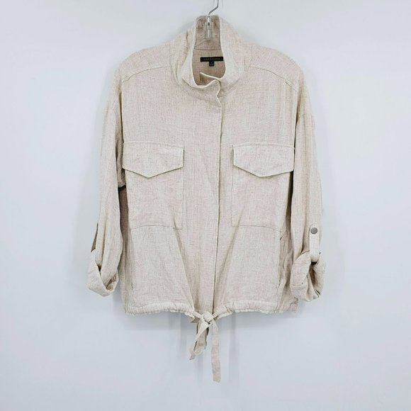 Staccato Moto Utility Jacket M Viscose Linen Zip Snap Roll Tab Sleeve Oatmeal - Picture 4 of 13